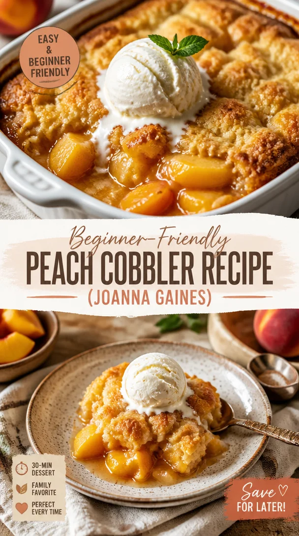 Delicious peach cobbler dessert made from Joanna Gaines' beginner-friendly recipe.