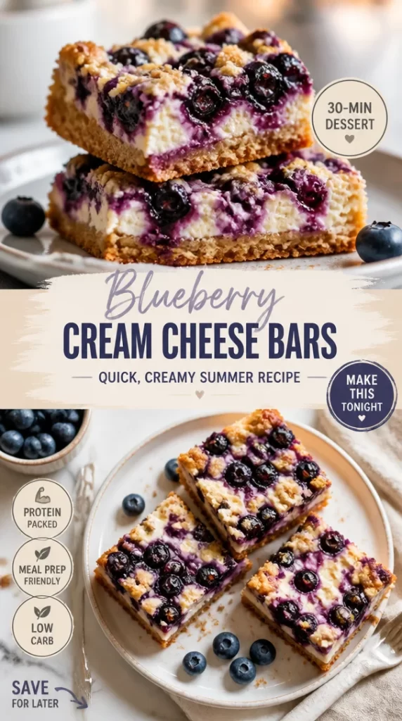 Delicious blueberry cream cheese bars with a creamy topping and fresh blueberries