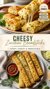 Cheesy zucchini breadsticks served on a plate garnished with herbs