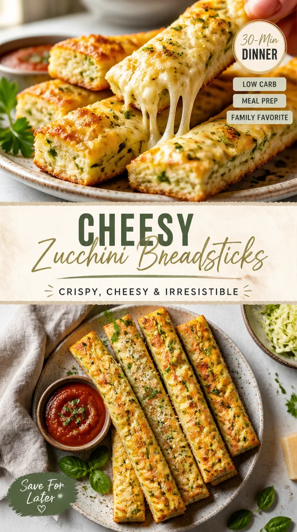 Cheesy zucchini breadsticks served on a plate garnished with herbs