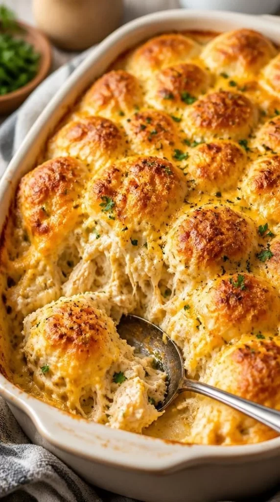 Delicious Chicken Bubble Biscuit Bake Casserole served in a baking dish.