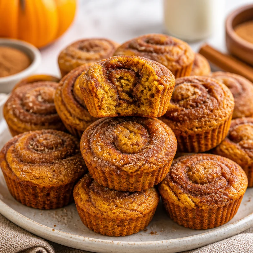 Cinnamon Swirl Pumpkin Bread Minis fresh out of the oven, topped with a sprinkle of cinnamon.