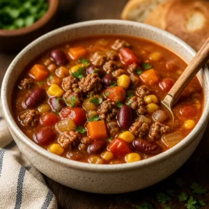Bowl of delicious Cowboy Soup with beans, corn, and vegetables.