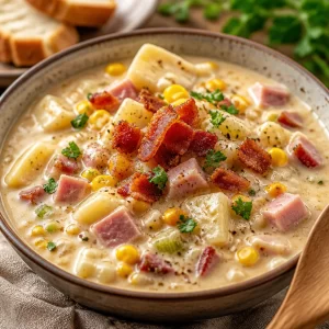 Creamy ham chowder with potatoes and corn in a one-pot dish