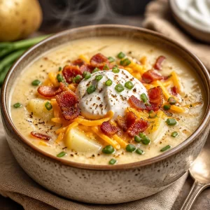 Delicious creamy loaded baked potato soup served in a bowl with toppings.