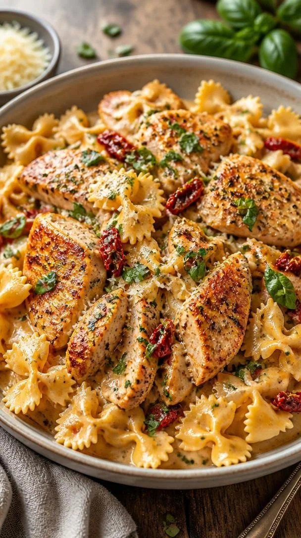 Creamy Marry-Me Chicken with Bow Tie Pasta served in a bowl