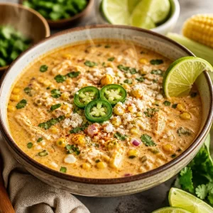 Bowl of creamy Mexican street corn soup with toppings and cilantro