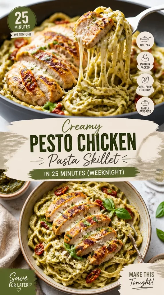 Creamy pesto chicken pasta skillet dish served in a bowl