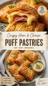 Crispy ham and cheese puff pastries on a wooden board