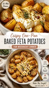 Crispy one-pan baked feta potatoes served in a rustic dish
