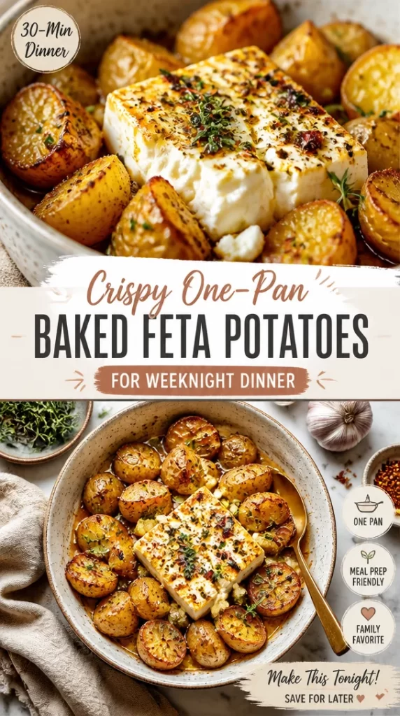 Crispy one-pan baked feta potatoes served in a rustic dish