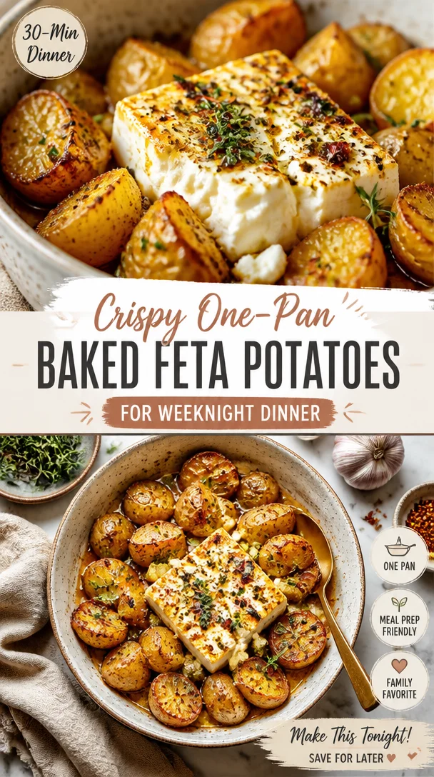 Crispy one-pan baked feta potatoes served in a rustic dish