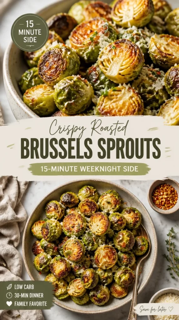 Crispy roasted Brussels sprouts served as a quick 15-minute side dish.