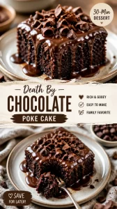 Delicious Death By Chocolate Poke Cake with layers of chocolate goodness.