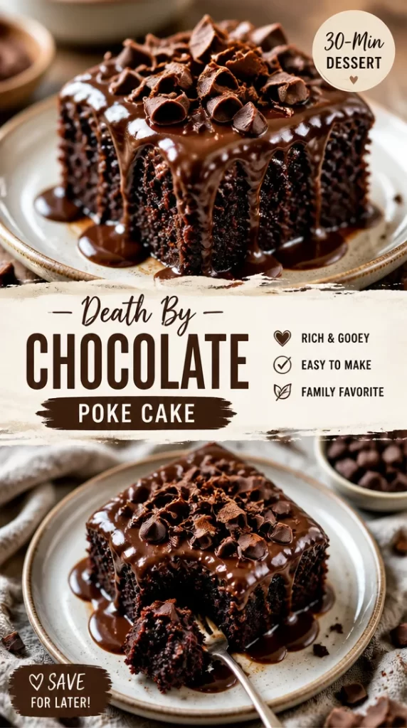Delicious Death By Chocolate Poke Cake with layers of chocolate goodness.