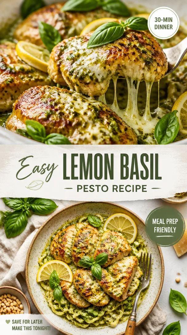 Bowl of homemade lemon basil pesto with fresh basil leaves and lemon slices