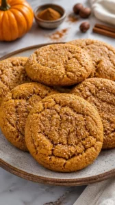 Easy one-bowl chewy pumpkin cookies baked and arranged on a plate
