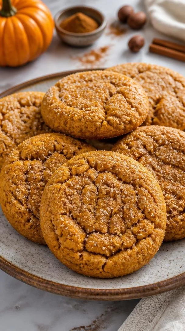 Easy one-bowl chewy pumpkin cookies baked and arranged on a plate