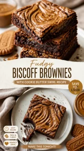 Delicious fudgy Biscoff brownies with a cookie butter swirl on top