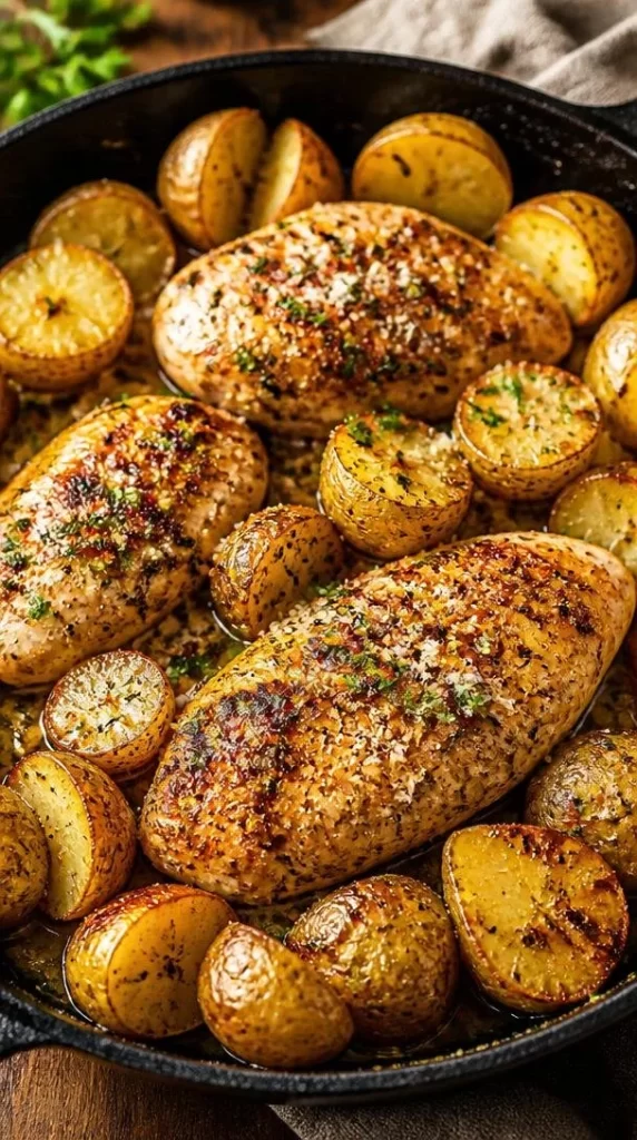 Garlic Parmesan Chicken served with crispy golden potatoes