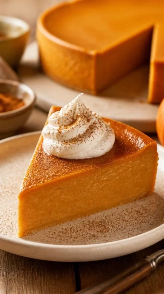 Delicious no-bake crustless pumpkin pie garnished with whipped cream