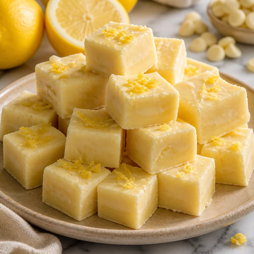 Delicious no-bake lemon fudge topped with zest, ready to enjoy as a quick dessert.