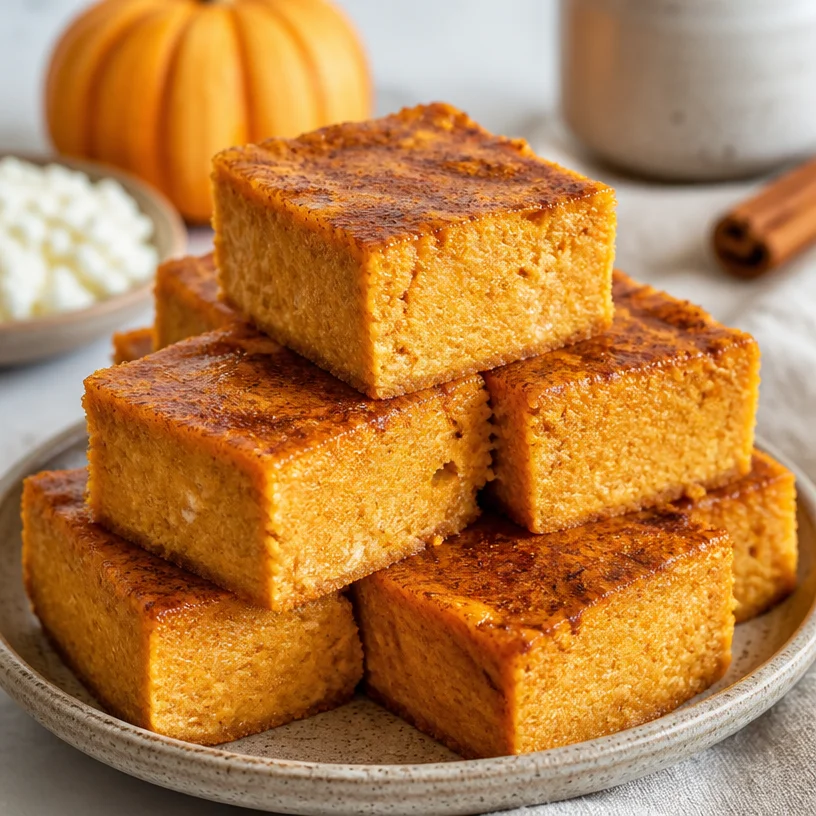 Pumpkin cottage cheese cake bars ready for meal prep