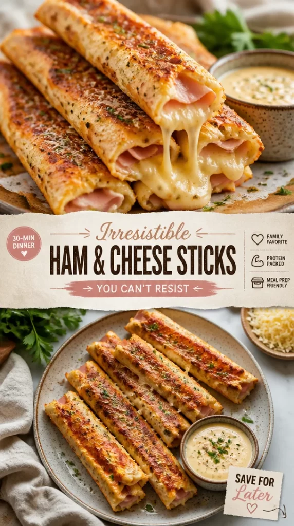 Delicious ham and cheese sticks served on a platter