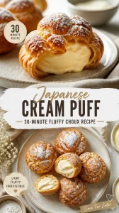 Fluffy Japanese cream puffs on a platter, showcasing the choux pastry texture.