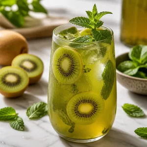 A glass of Kiwi Mint Cold Brew Green Tea garnished with mint leaves and kiwi slices