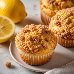 Fresh lemon muffins topped with crunchy streusel on a wooden table