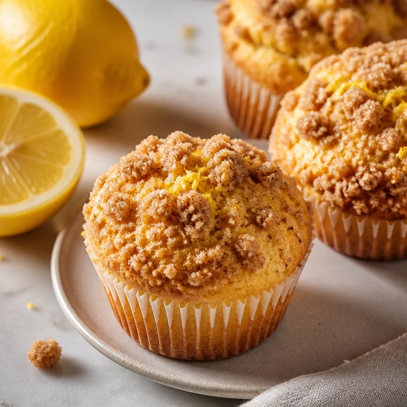 Fresh lemon muffins topped with crunchy streusel on a wooden table