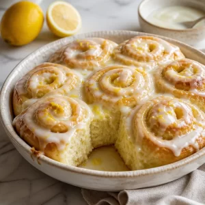 Delicious homemade Lemon Rolls on a plate, garnished with lemon zest.