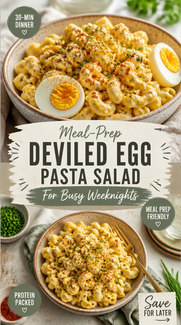 Meal-prep deviled egg pasta salad with vibrant ingredients in a bowl