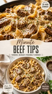 Tender beef tips in a skillet with vegetables, ready for a budget-friendly dinner.