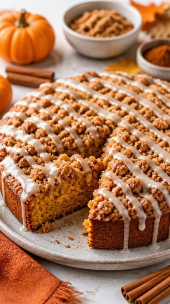 Minute Cinnamon Streusel Pumpkin Coffee Cake fresh out of the oven