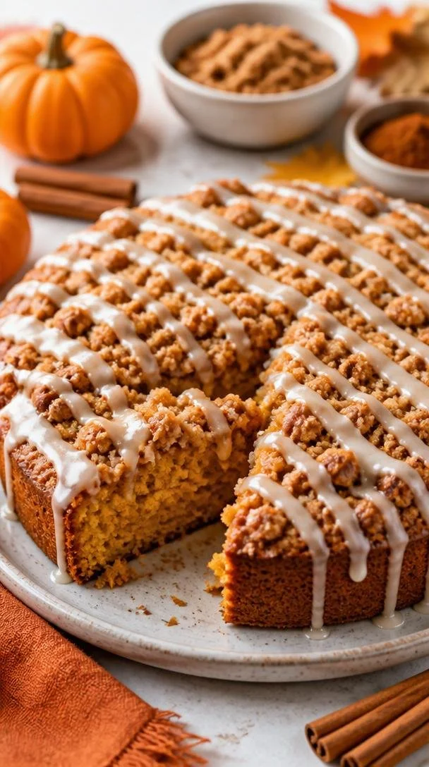 Minute Cinnamon Streusel Pumpkin Coffee Cake fresh out of the oven
