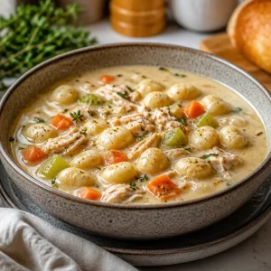 Bowl of creamy chicken gnocchi soup ready for dinner