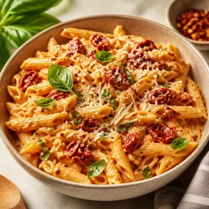 Creamy vegan sun-dried tomato pasta dish on a plate
