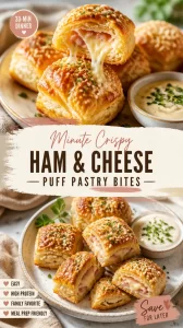 Crispy ham and cheese puff pastry bites on a serving platter