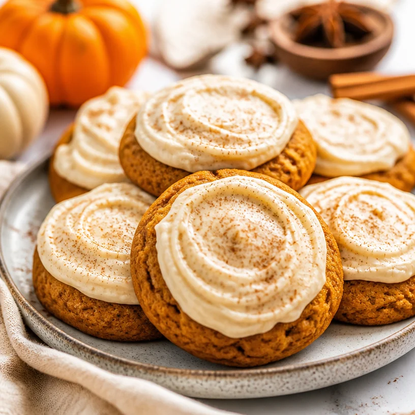 Minute Fall Pumpkin Cookies with Cream Cheese Frosting on a plate