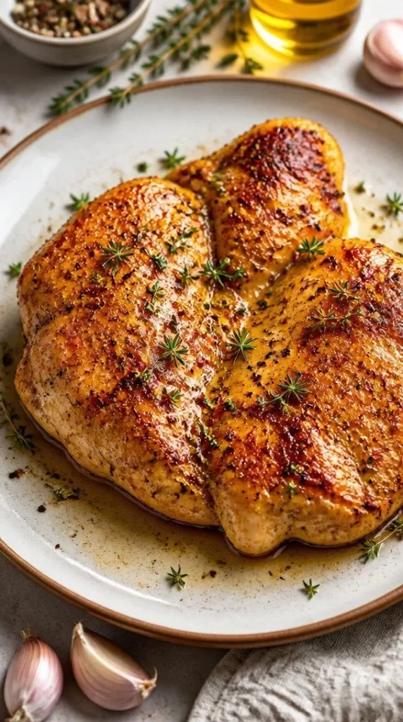 Baked garlic butter chicken breast served on a plate with herbs.