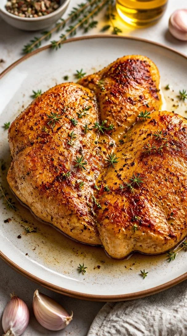 Baked garlic butter chicken breast served on a plate with herbs.