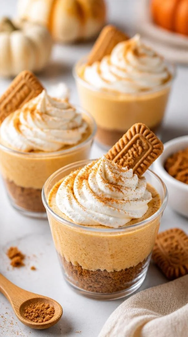 Dairy-free no-bake pumpkin pie cup dessert topped with whipped cream