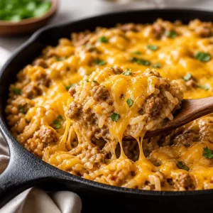 One-pan cheesy ground beef and rice casserole in a baking dish