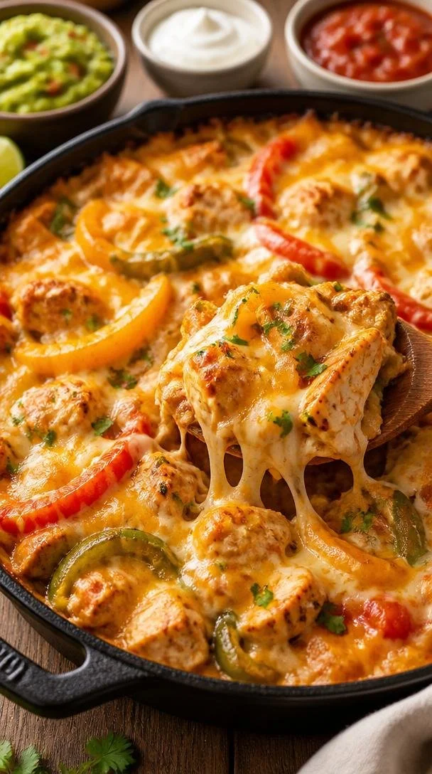 Delicious one-pan chicken fajitas casserole served in a dish