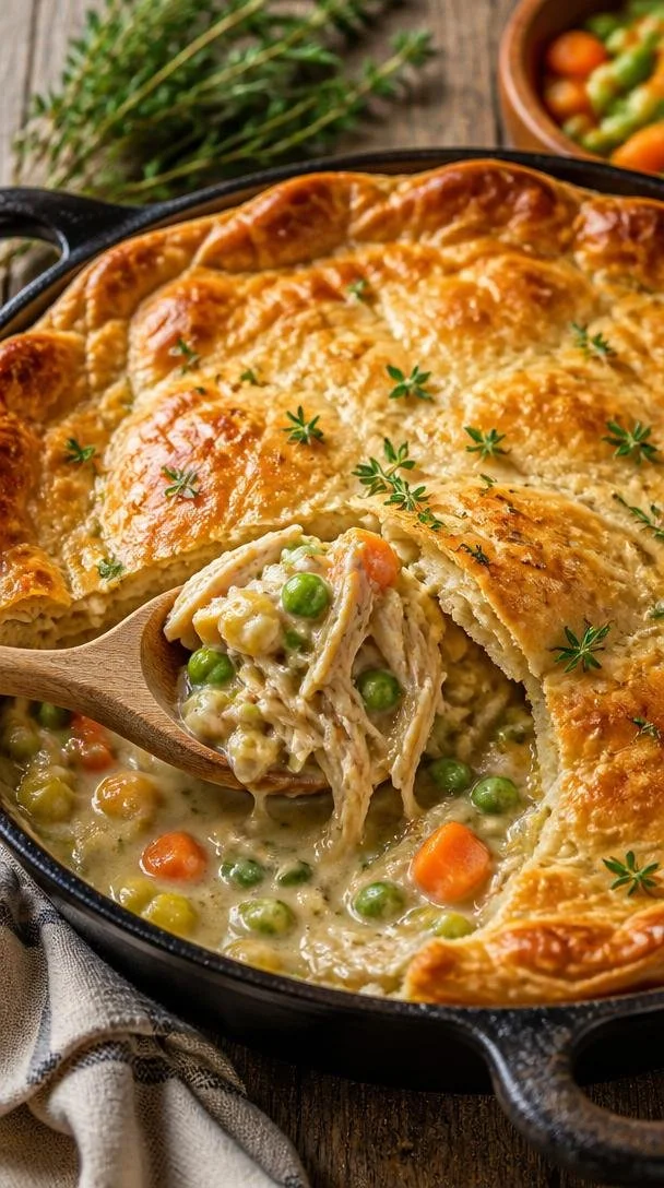Quick one-pan chicken pot pie served in a skillet, perfect for weeknight dinners