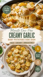 One-pan creamy garlic baby potatoes garnished and ready to serve.