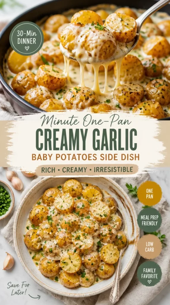 One-pan creamy garlic baby potatoes garnished and ready to serve.
