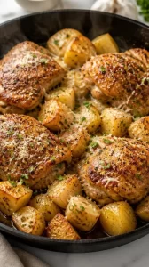 One-pan garlic parmesan chicken and potatoes skillet dish garnished with herbs